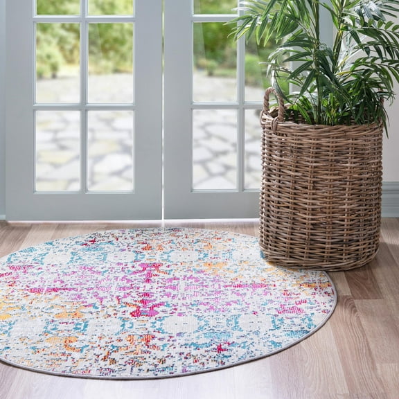 Unique Loom Charm Collection Area Rug - Horeshoe (4' 1" Round Multi/Beige)