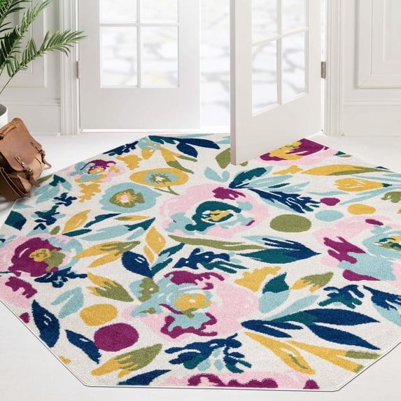 Unique Loom Bloom Collection Area Rug - Hyacinth (7' Octagon White/Light Blue)