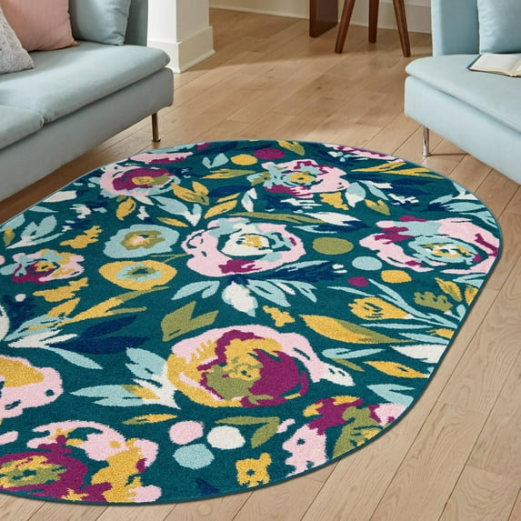 Unique Loom Bloom Collection Area Rug - Hyacinth (6' x 9' Oval Teal/Ivory)