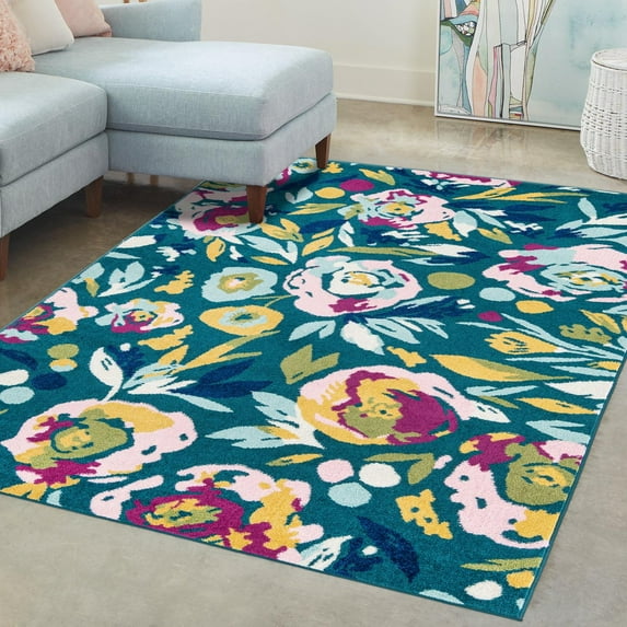 Unique Loom Bloom Collection Area Rug - Hyacinth (10' x 14' Rectangle Teal/Ivory)
