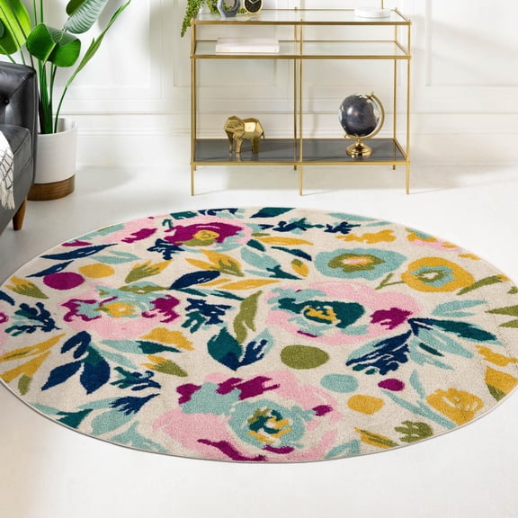 Unique Loom Bloom Collection Area Rug - Hyacinth (3' 3" Round White/Light Blue)