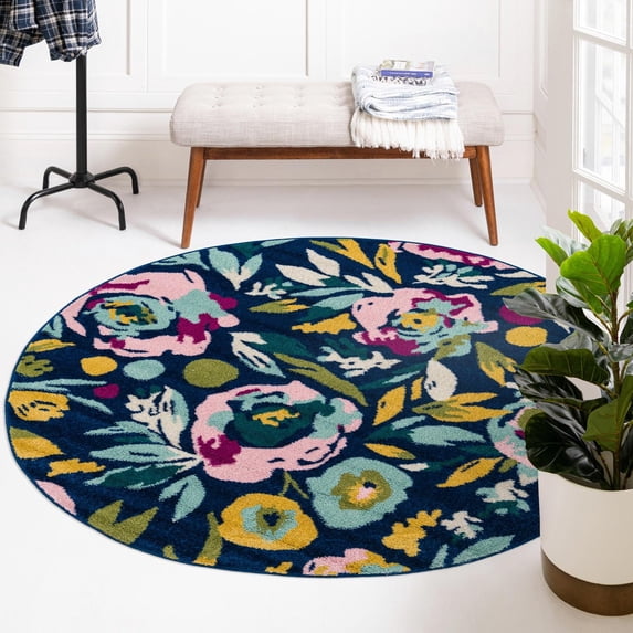 Unique Loom Bloom Collection Area Rug - Hyacinth (7' Round Navy Blue/Light Blue)