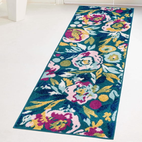 Unique Loom Bloom Collection Area Rug - Hyacinth (2' 7" x 12' Runner Teal/Ivory)