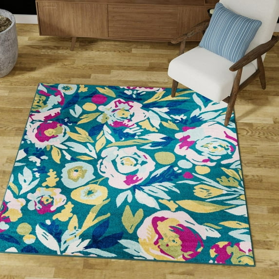 Unique Loom Bloom Collection Area Rug - Hyacinth (7' 10" Square Teal/Ivory)