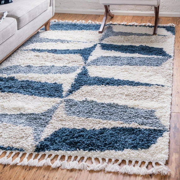 Unique Loom Hygge Shag Collection Area Rug - Balanced (9' x 12' 2" Rectangle Blue/Ivory)