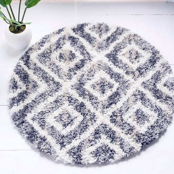 Unique Loom Hygge Shag Collection Area Rug - Diamond (5' Round Gray/Beige)