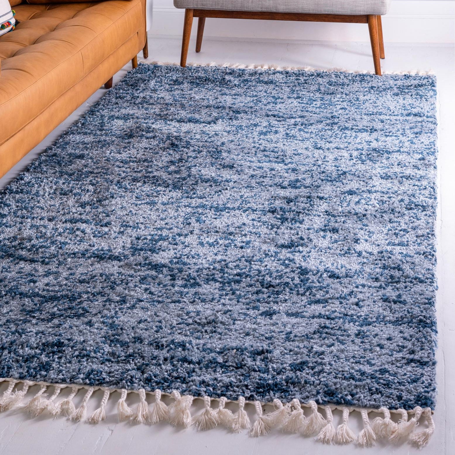 Blue and Light Blue Hygge Shag Rug with Fringe 2' 2" x 3' 1"