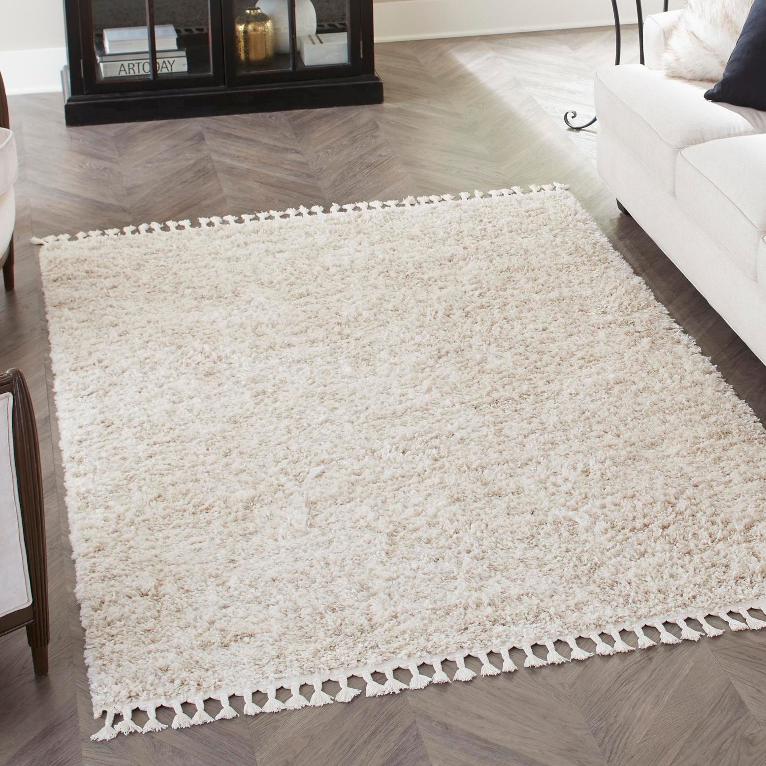 Ivory Geometric Shag Rug with Braided Fringe, 2' x 3'