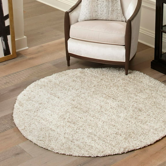 Unique Loom Hygge Shag Collection Area Rug - Misty (5' Round Ivory/Beige)