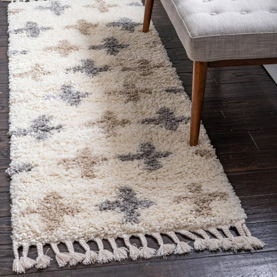 Unique Loom Hygge Shag Collection Area Rug - Positive (2' 7" x 8' 2" Runner Ivory/Beige)