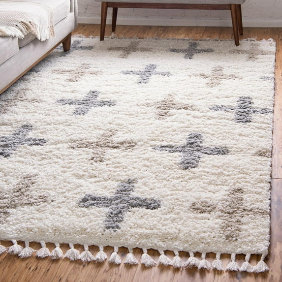 Unique Loom Hygge Shag Collection Area Rug - Positive (5' 1" x 8' Rectangle Ivory/Beige)