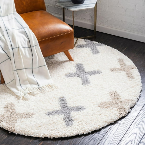 Unique Loom Hygge Shag Collection Area Rug - Positive (5' Round Ivory/Beige)