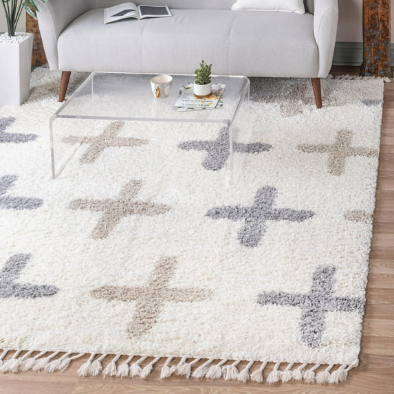 Unique Loom Hygge Shag Collection Area Rug - Positive (8' Square Ivory/Beige)