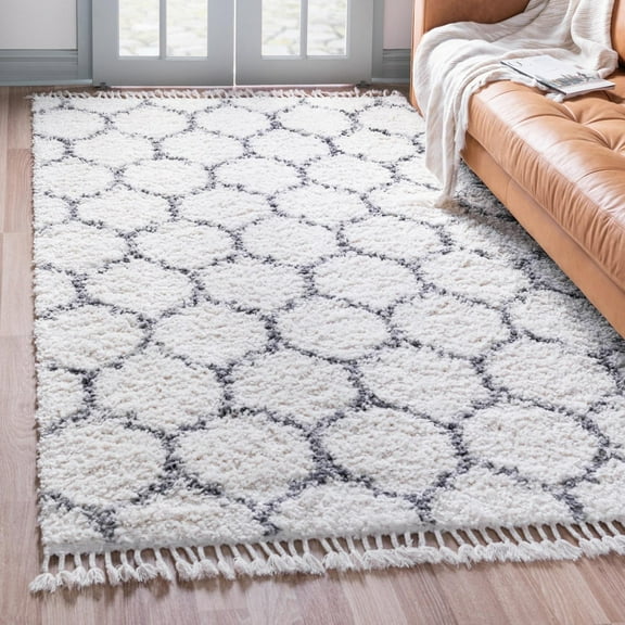 Unique Loom Hygge Shag Collection Area Rug - Trellis (2' 2" x 3' Rectangle Ivory/Gray)