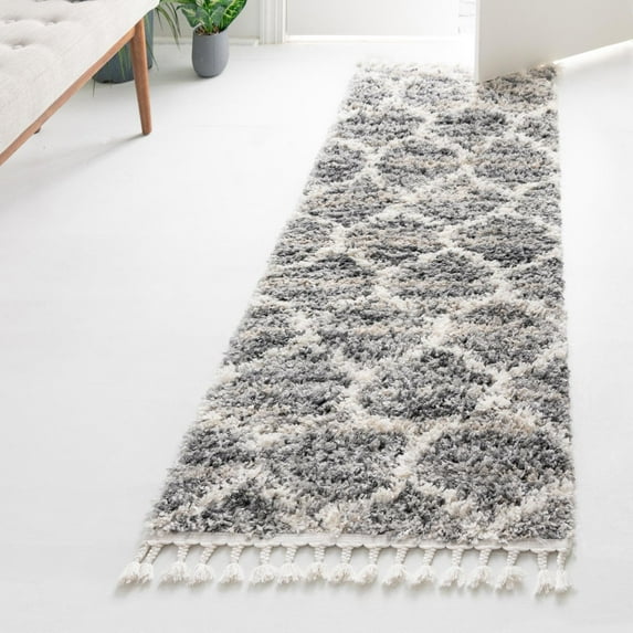 Unique Loom Hygge Shag Collection Area Rug - Trellis (2' 7" x 8' 2" Runner Gray/Beige)