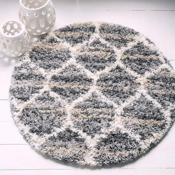Unique Loom Hygge Shag Collection Area Rug - Trellis (3' 3" Round Gray/Beige)