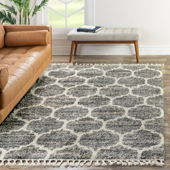 Unique Loom Hygge Shag Collection Area Rug - Trellis (4' 1" x 6' 1" Rectangle Gray/Beige)
