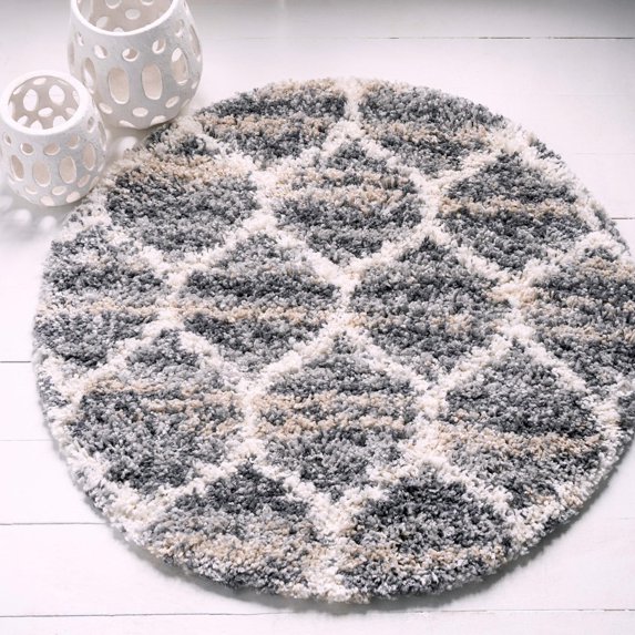Unique Loom Hygge Shag Collection Area Rug - Trellis (5' Round Gray/Beige)