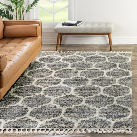 Unique Loom Hygge Shag Collection Area Rug - Trellis (8' x 10' Rectangle Gray/Beige)