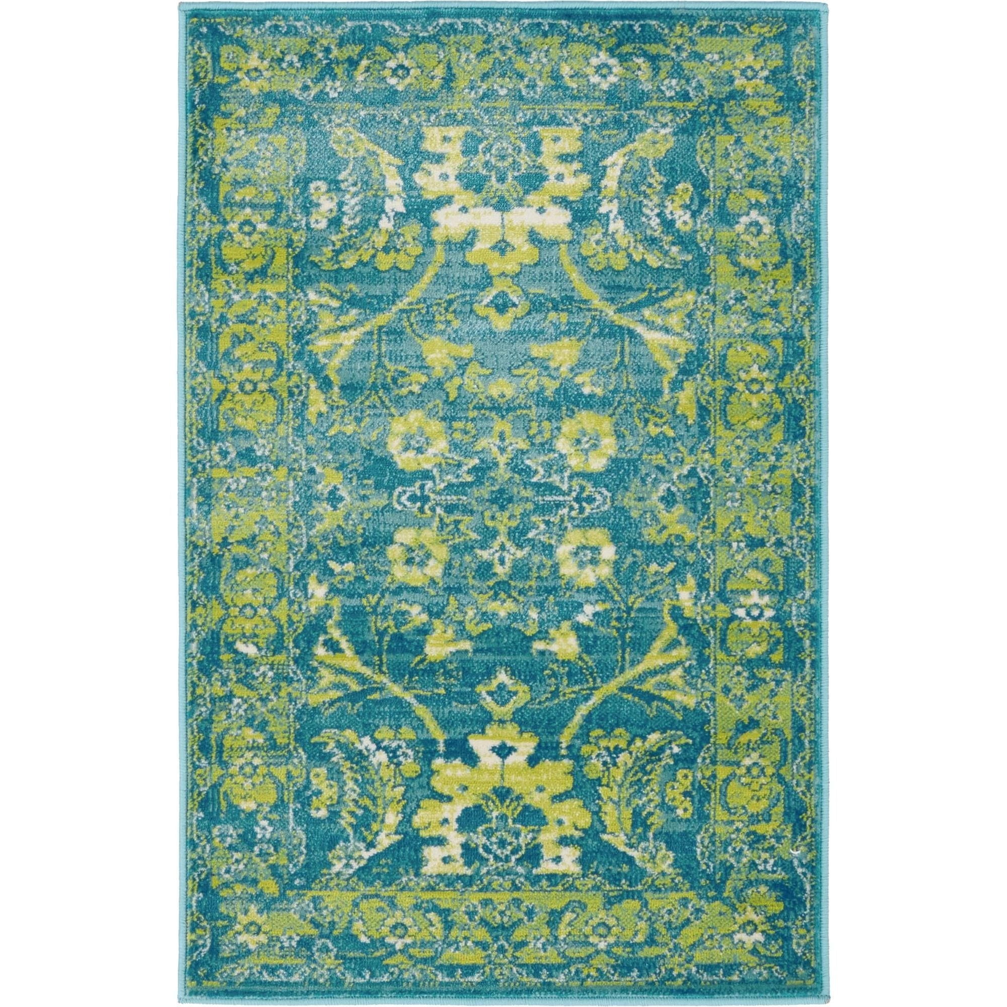 Imperial Blue Floral Border 2' x 3' Synthetic Area Rug