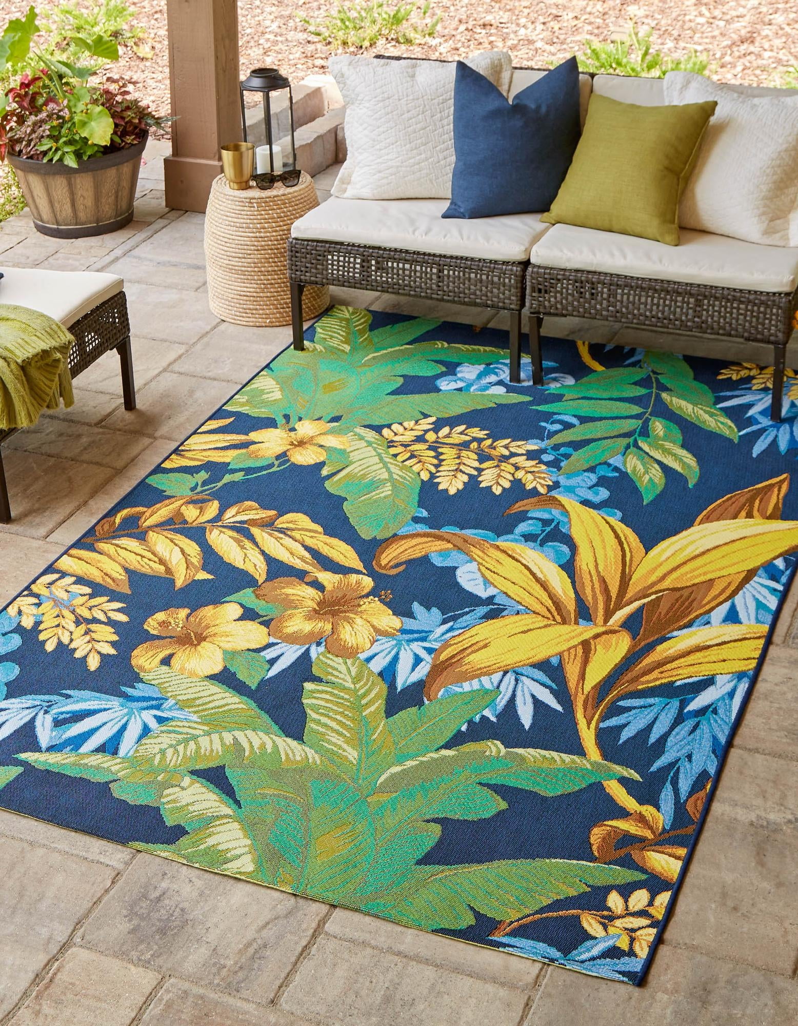 Multi-Color Botanical Floral Outdoor Rectangular Rug