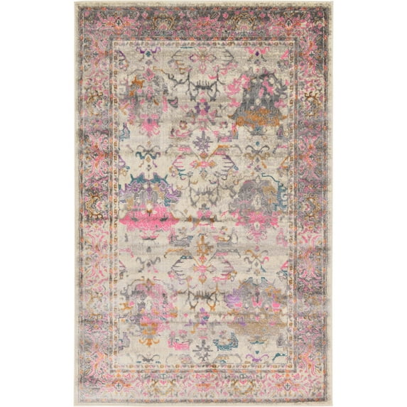 Unique Loom Indoor Rectangular Color Bordered Modern Area Rugs Beige/Pink/Green, 5' 0 x 8' 0