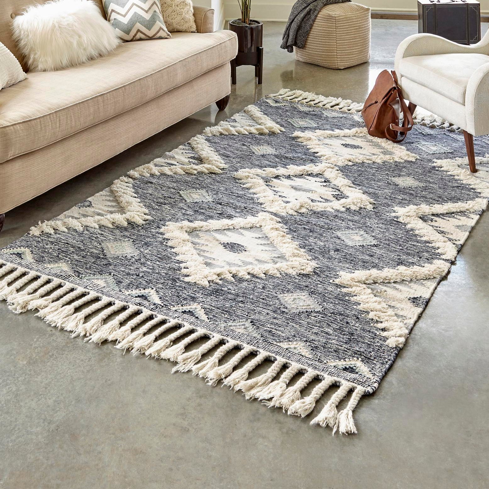 Handmade Dark Blue Geometric Wool Area Rug 8' x 10'