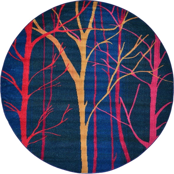 Unique Loom Indoor Round Floral Modern Area Rugs Blue/Pink, 8' 0 x 8' 0 Round
