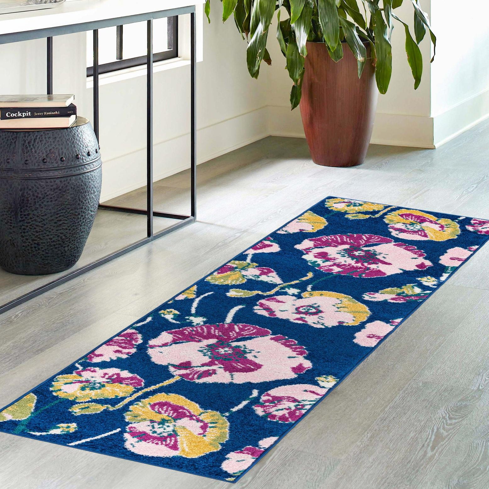 Unique Loom Bloom Collection Area Rug - Iris (2' x 6' Runner Navy Blue ...