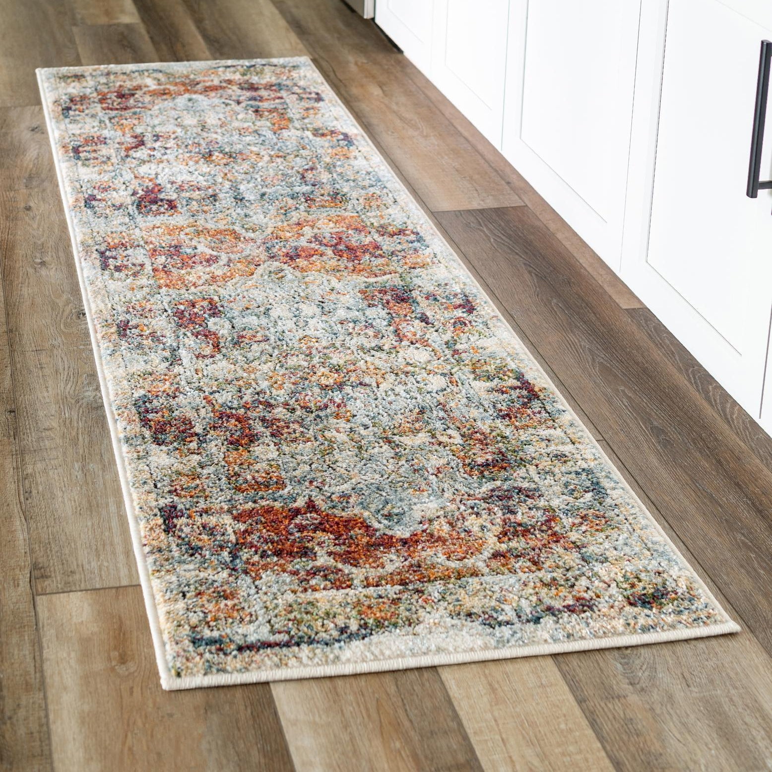 Ivory Floral Synthetic Runner Rug with Easy Care and Stain-resistant Features