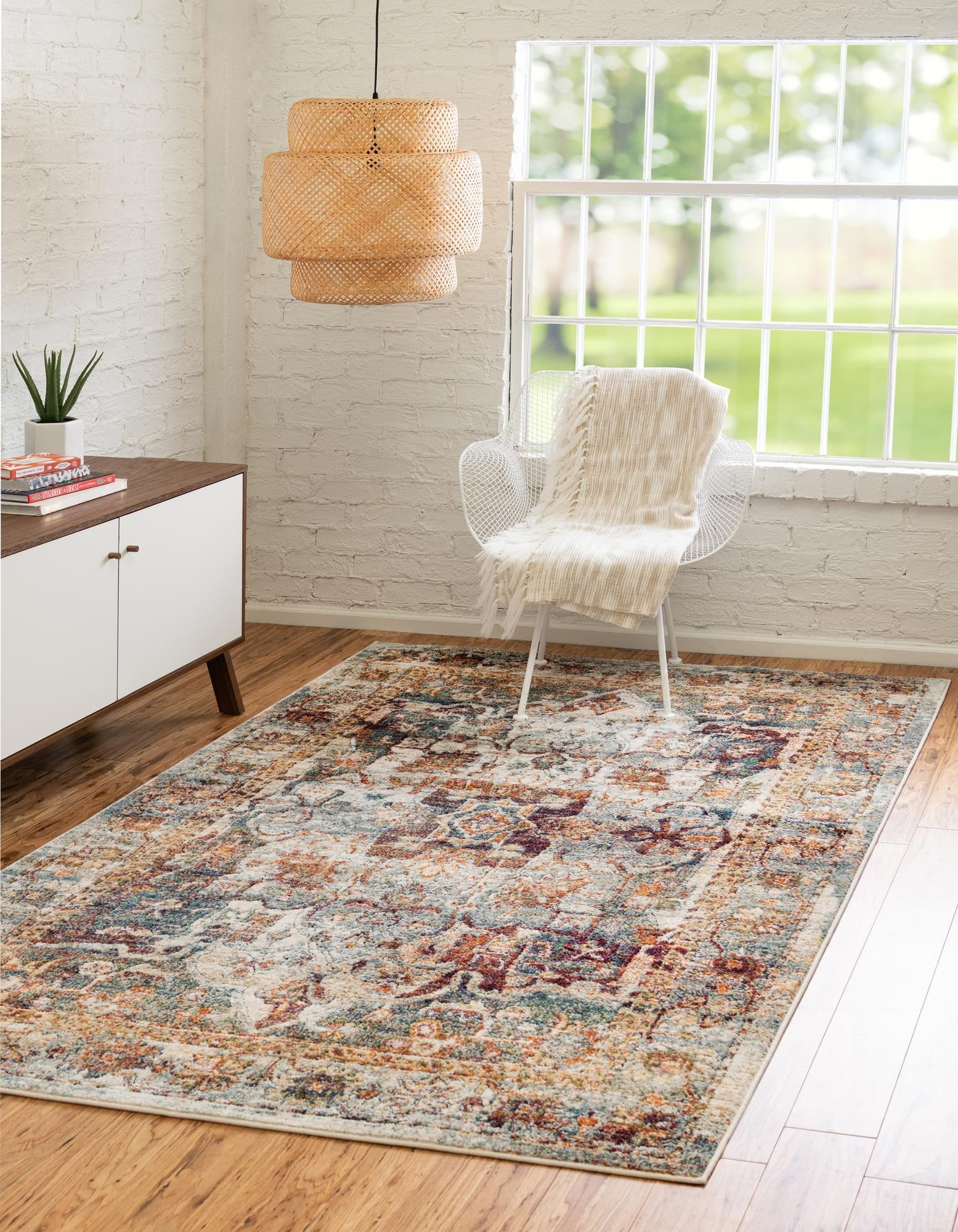 Ivory Floral 4' x 6' Stain-Resistant Synthetic Area Rug