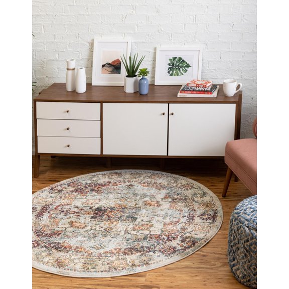 Unique Loom Isabella Collection Area Rug - Adjani (5' 1" Round Ivory/Beige)