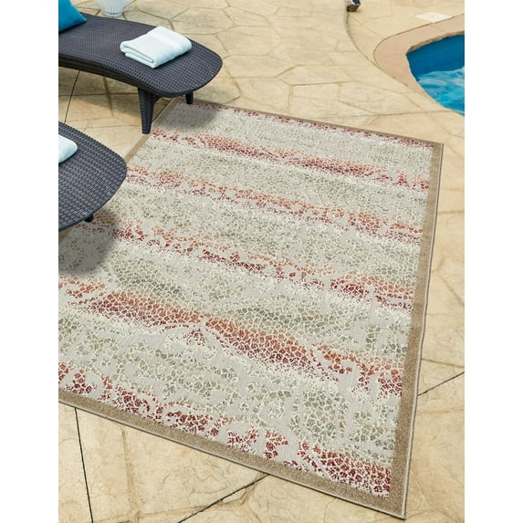 Unique Loom Ithica Indoor/Outdoor Modern Rug Beige/Brown 7' x 10' Damask Modern Perfect For Patio Deck Garage Entryway
