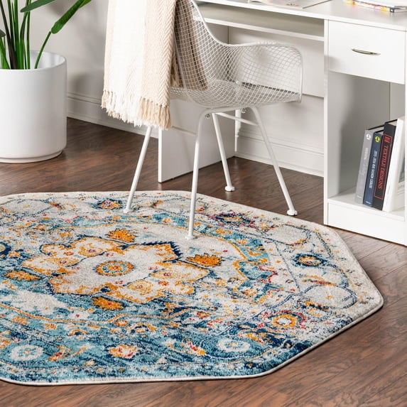Unique Loom Madeline Vintage Collection Area Rug - Jackson (5' 3" Octagon Teal/Ivory)