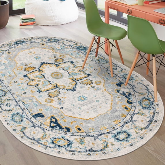Unique Loom Madeline Vintage Collection Area Rug - Jackson (4' x 6' Oval Gray/Navy Blue)