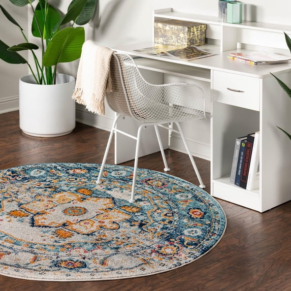 Unique Loom Madeline Vintage Collection Area Rug - Jackson (5' 3" Round Teal/Ivory)