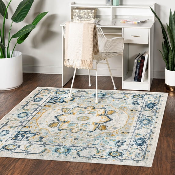 Unique Loom Madeline Vintage Collection Area Rug - Jackson (7' 10" Square Gray/Navy Blue)