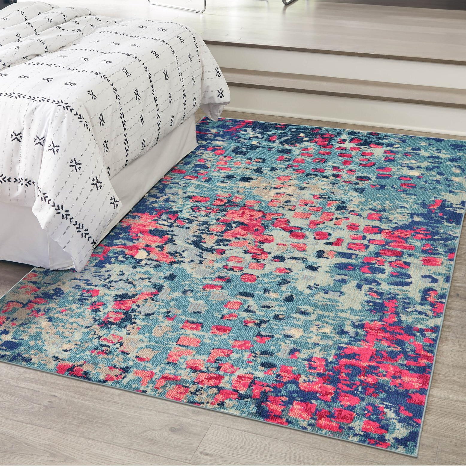 Blue and Pink Abstract Stain-Resistant Indoor Area Rug