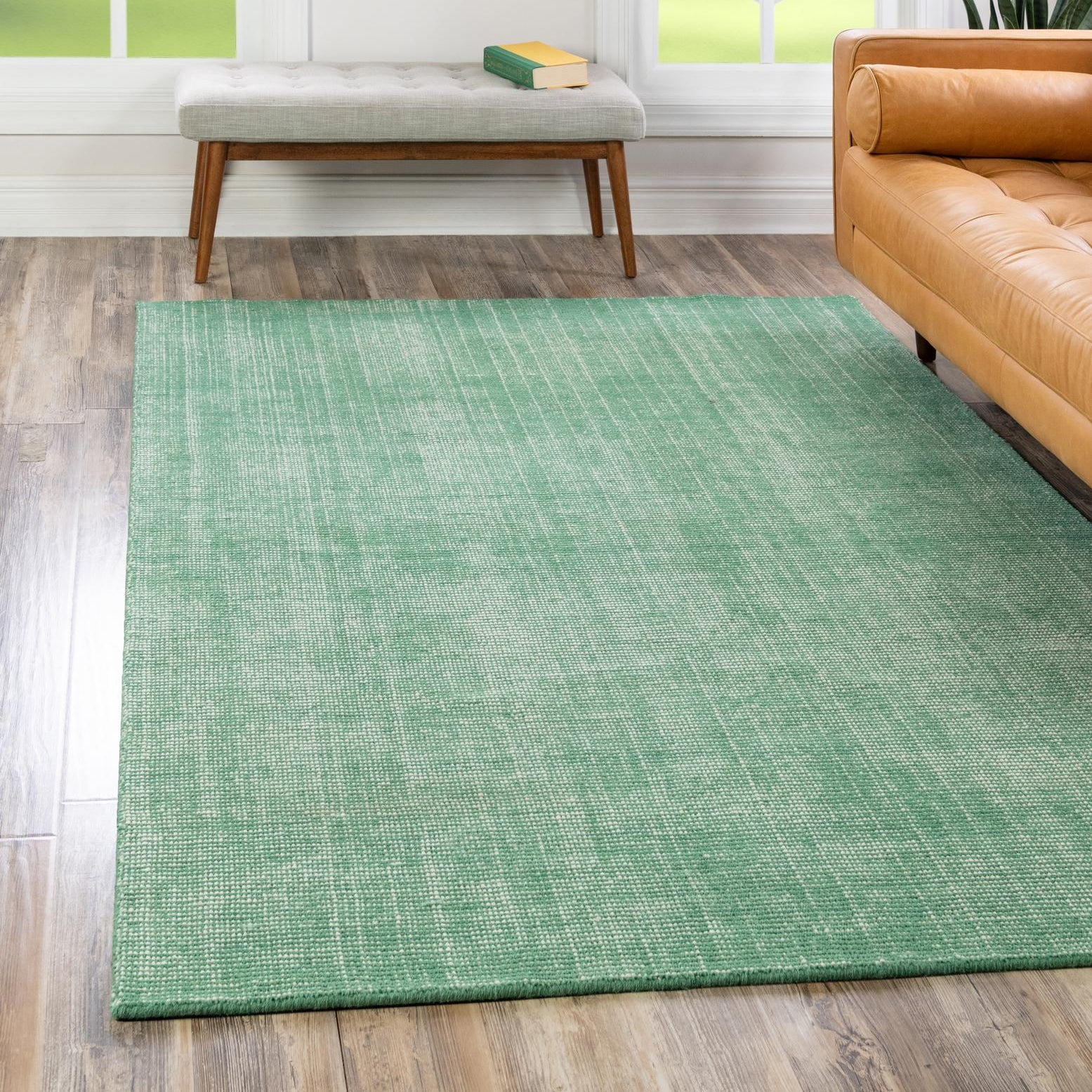 Hand-Knotted Green and Ivory Wool Rectangular Rug