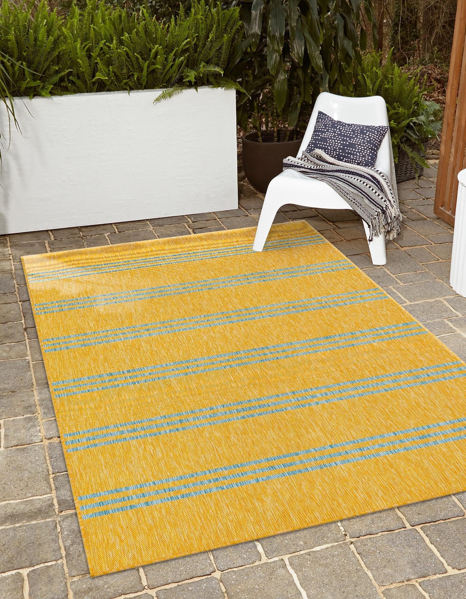 Yellow and Aqua Striped Outdoor Rectangular Rug 4' x 6'