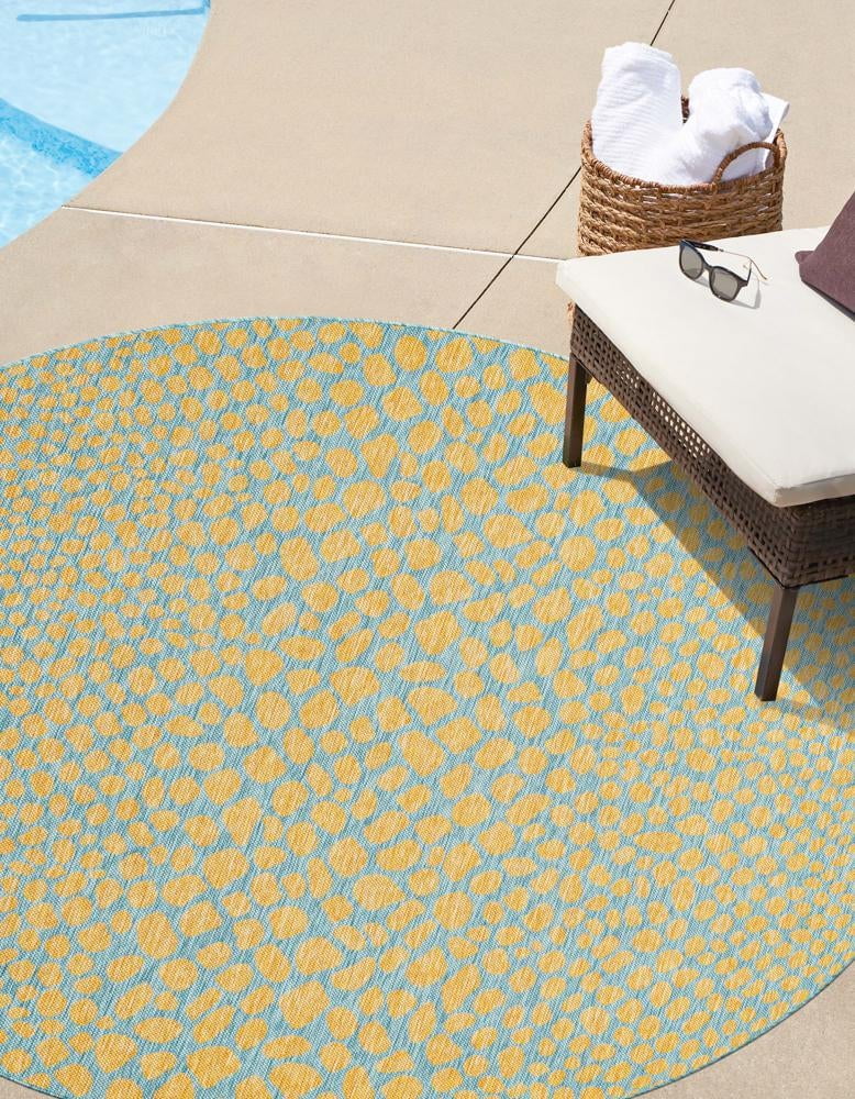 Round Blue and Yellow Stain-Resistant Outdoor Rug
