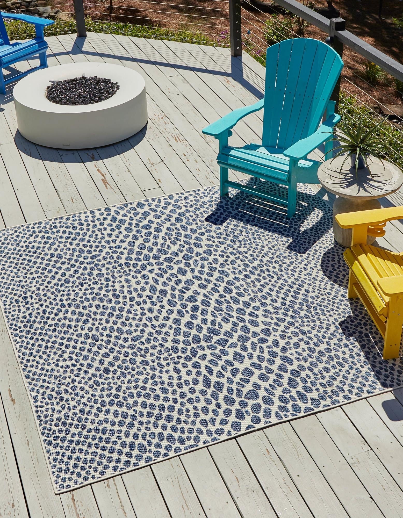 Blue and White Square Synthetic Outdoor Rug