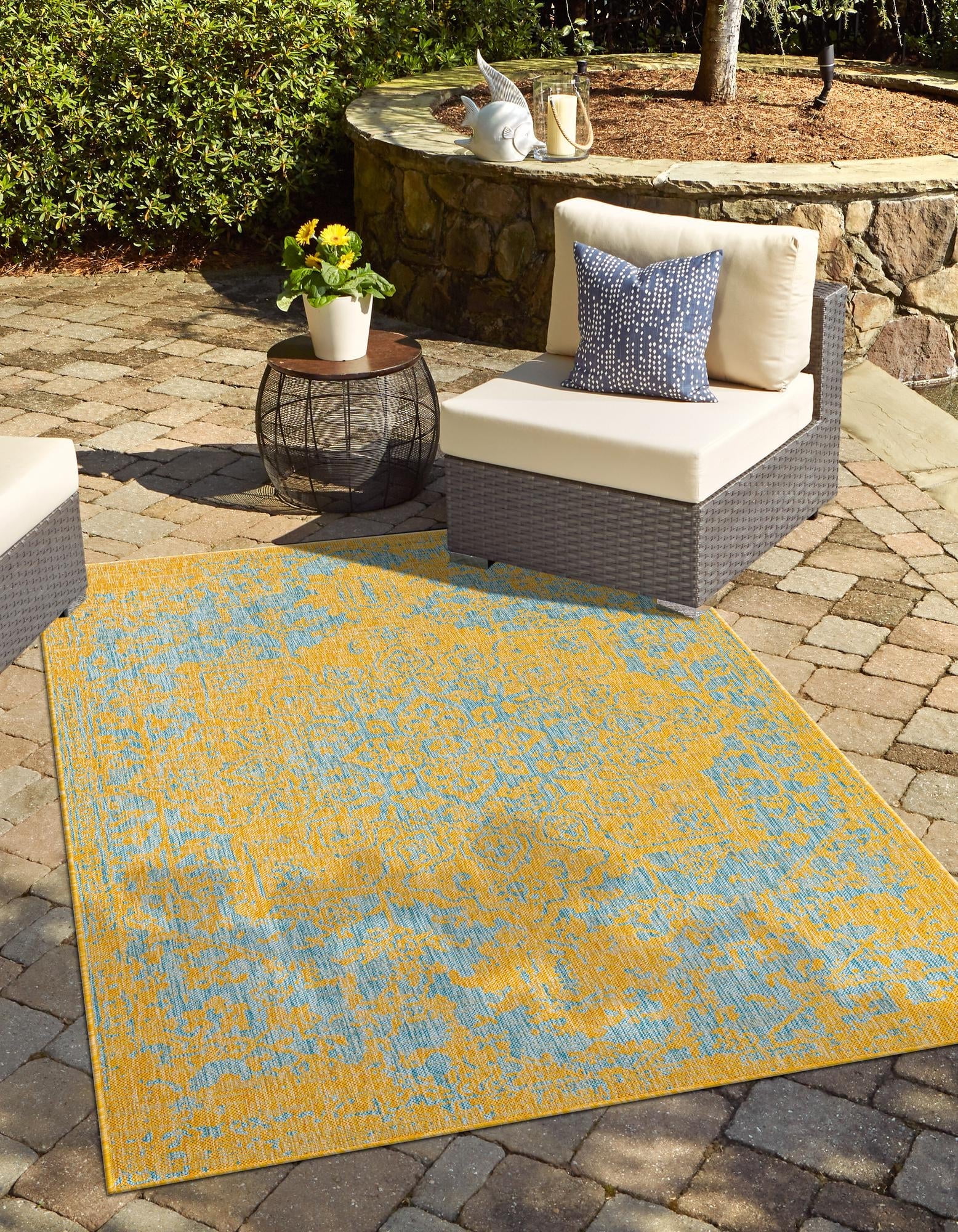 Yellow and Aqua Rectangular Synthetic Outdoor Area Rug