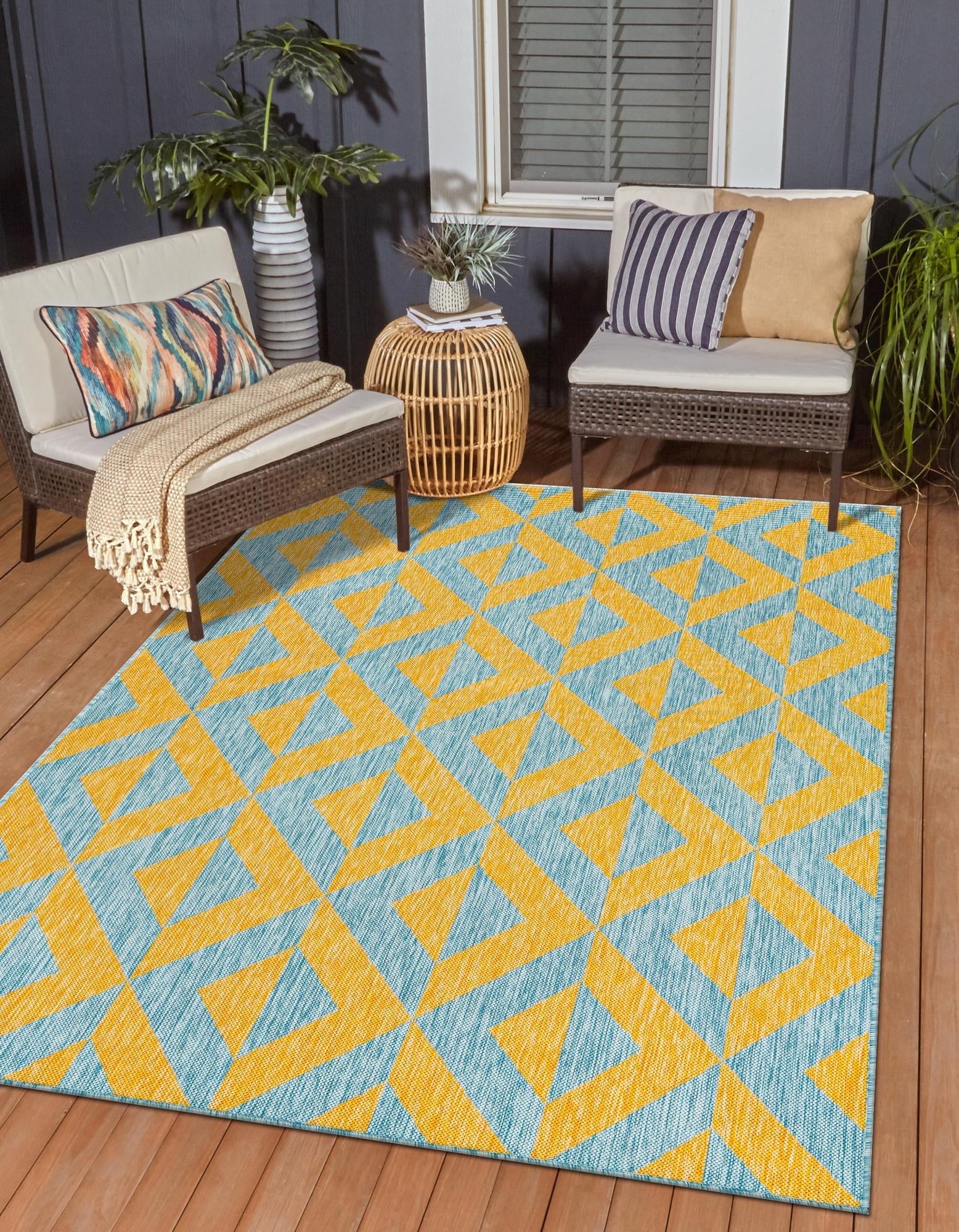 Napa Geometric Yellow and Aqua Outdoor Woven Area Rug 6x9