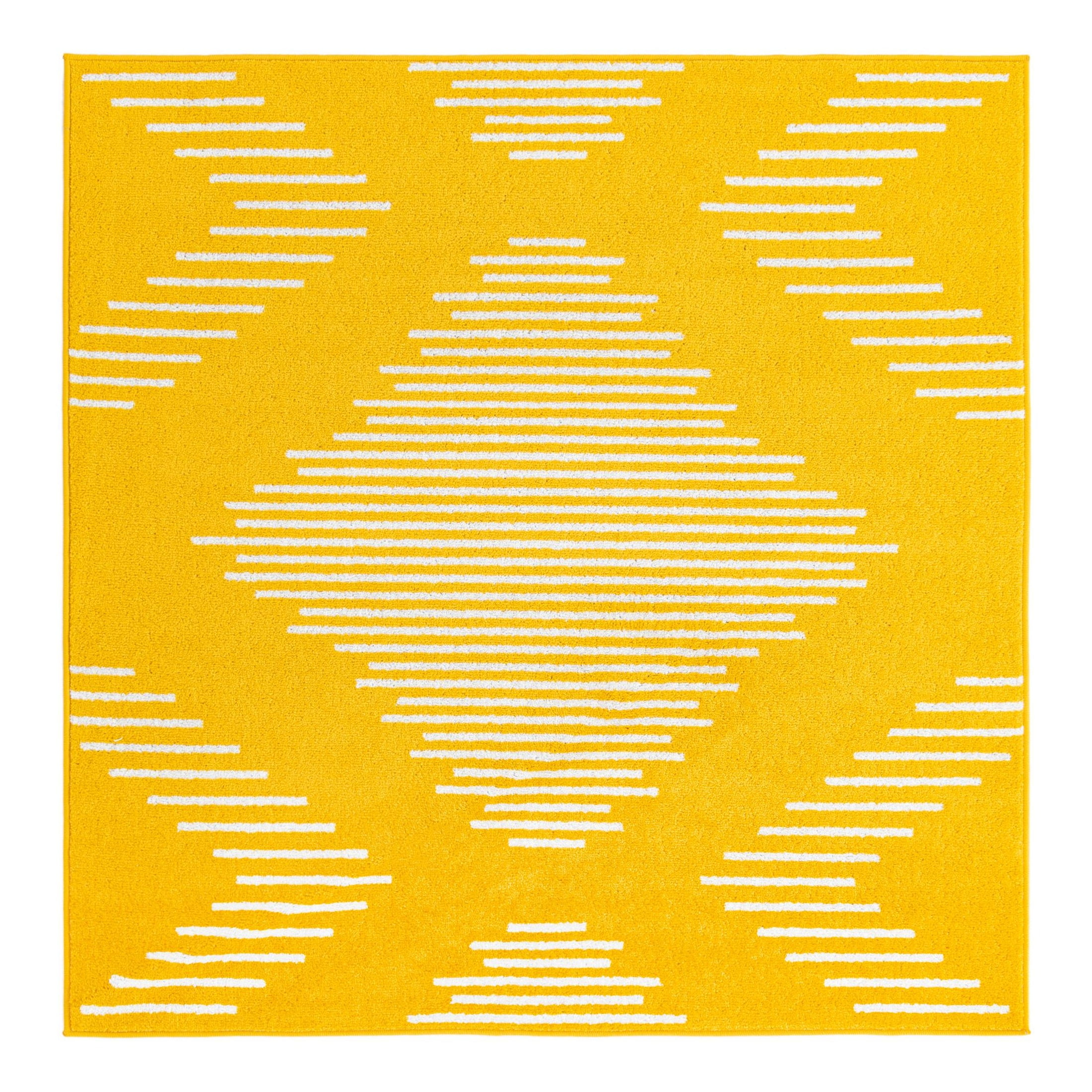 Kai Yellow and White Geometric Stain-Resistant Square Rug