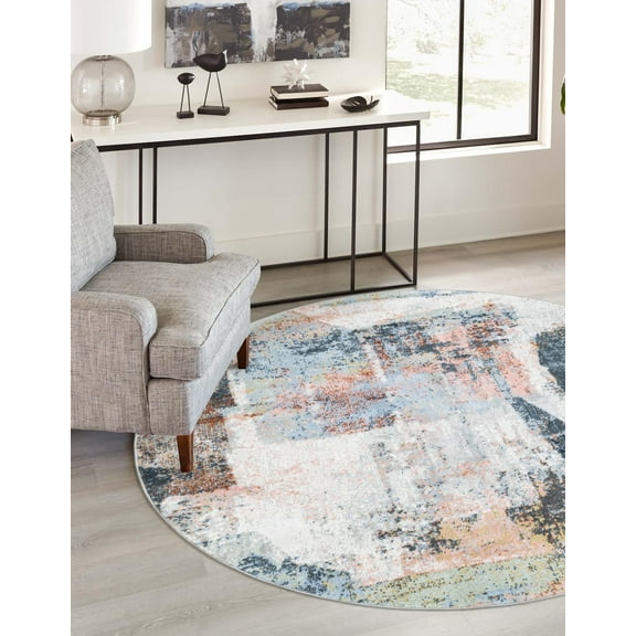 Unique Loom Kamala Washable Collection Area Rug - Abstract (5' 3" Round Multi/Blue)