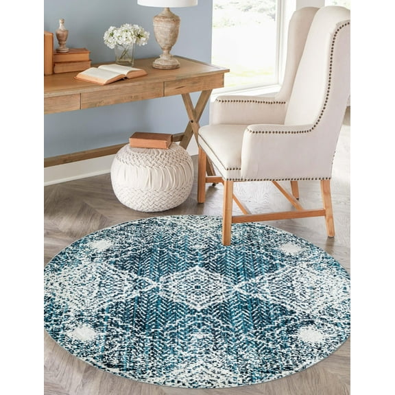 Unique Loom Kamala Washable Collection Area Rug - Chevron (3' 3" Round Navy Blue/Light Blue)