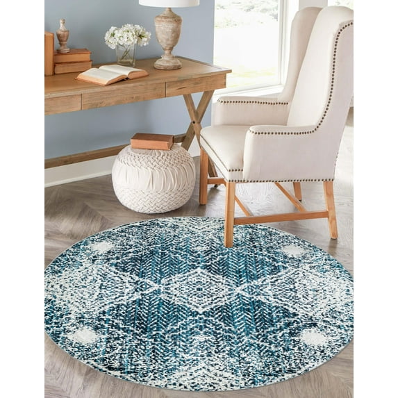 Unique Loom Kamala Washable Collection Area Rug - Chevron (7' 10" Round Navy Blue/Light Blue)