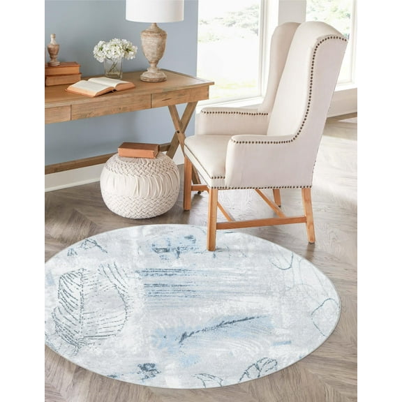 Unique Loom Kamala Washable Collection Area Rug - Foliage (5' 3" Round Ivory Gray/Blue)