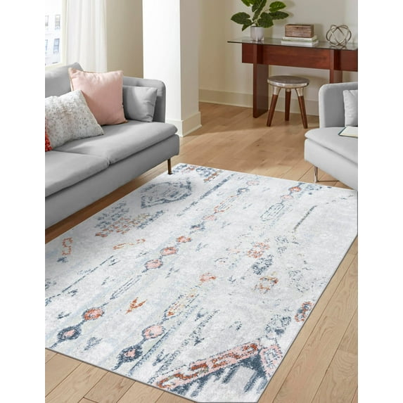 Unique Loom Kamala Washable Collection Area Rug - Lotus (6' 1" x 9' Rectangle Ivory Gray/Rust Red)